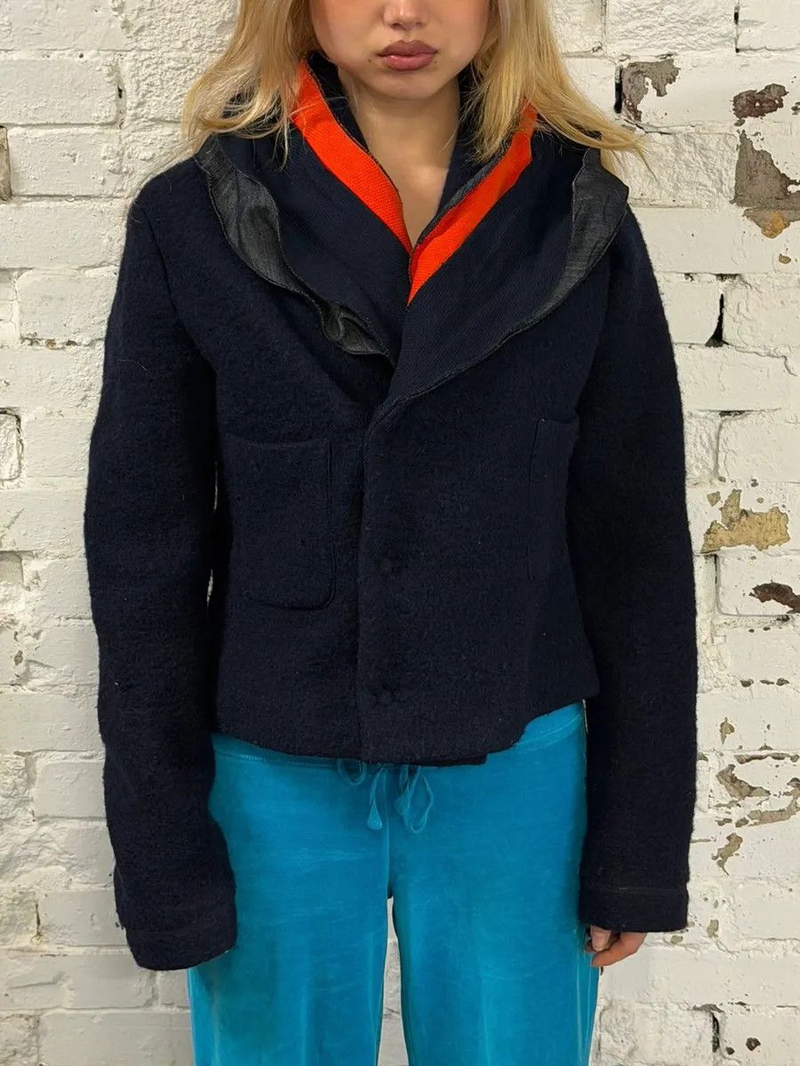 Marithe + Francois Girbaud 2000s Marithé + François Girbaud Navy Wool Buttoned Extra Collar Jacket Size M / US 6-8 / IT 42-44 - 2 Thumbnail
