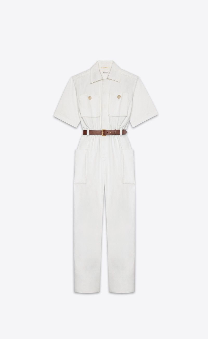 Saint Laurent Paris o1w1db10526 785820 Jumpsuit in Cotton Gabardine in White Size 28" / US 6 / IT 42 - 2 Thumbnail