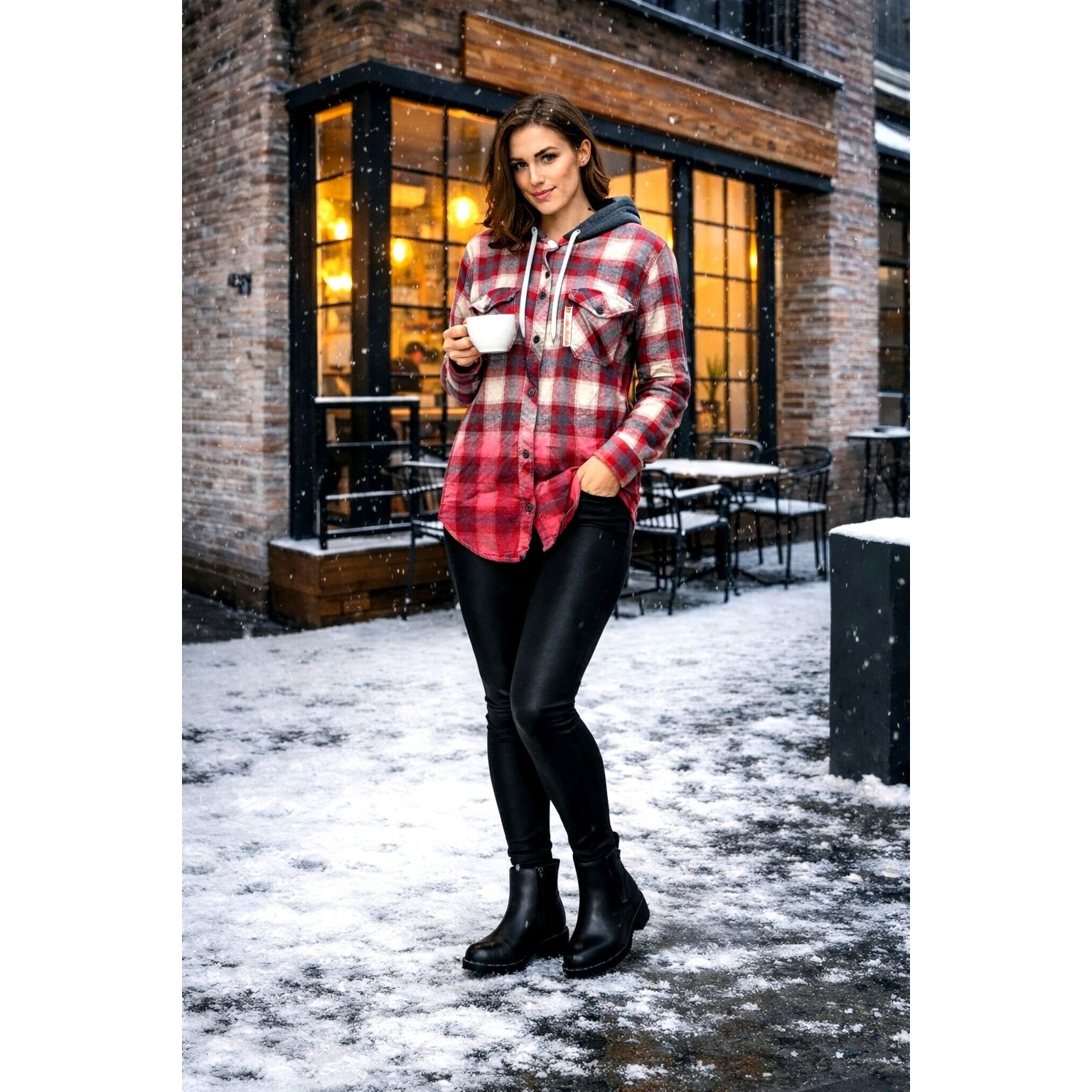 Empyre Empyre Hooded Plaid Flannel Shirt Jacket Burgundy Gray Ombre Size S / US 4 / IT 40 - 1 Thumbnail