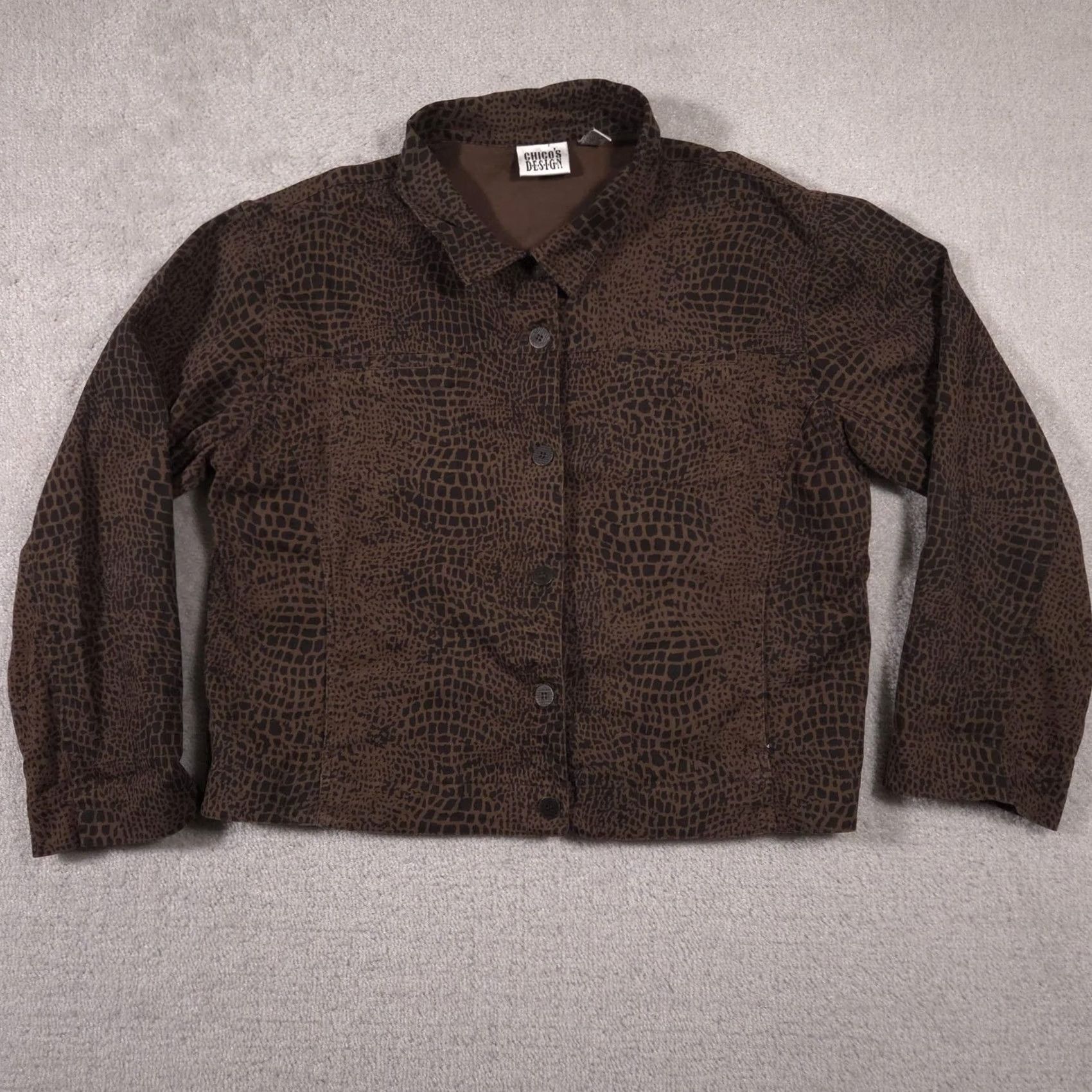 Vintage Chicos Design Jacket Womens 3 Brown Croc Animal Print Cotton Stretch Button Up Jacket/Casual Womens 3 Brown Croc Animal Print Cotton Stretch Button Up Size XS / US 0-2 / IT 36-38 - 2 Thumbnail