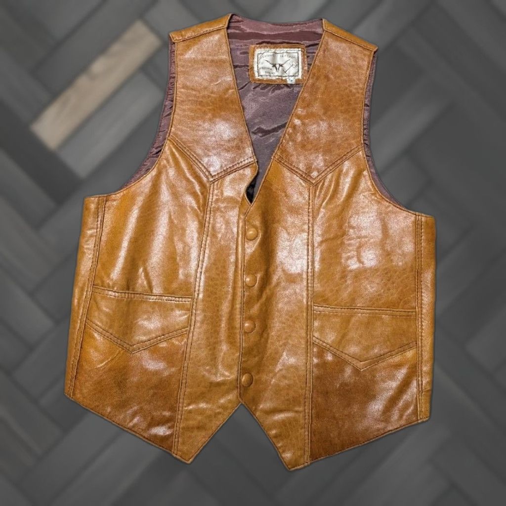 Vintage VINTAGE handcrafted brown leather Western vest S Men 38-40 Harley snap front rodeo Cowboy motorcycle Size US S / EU 44-46 / 1 - 1 Thumbnail