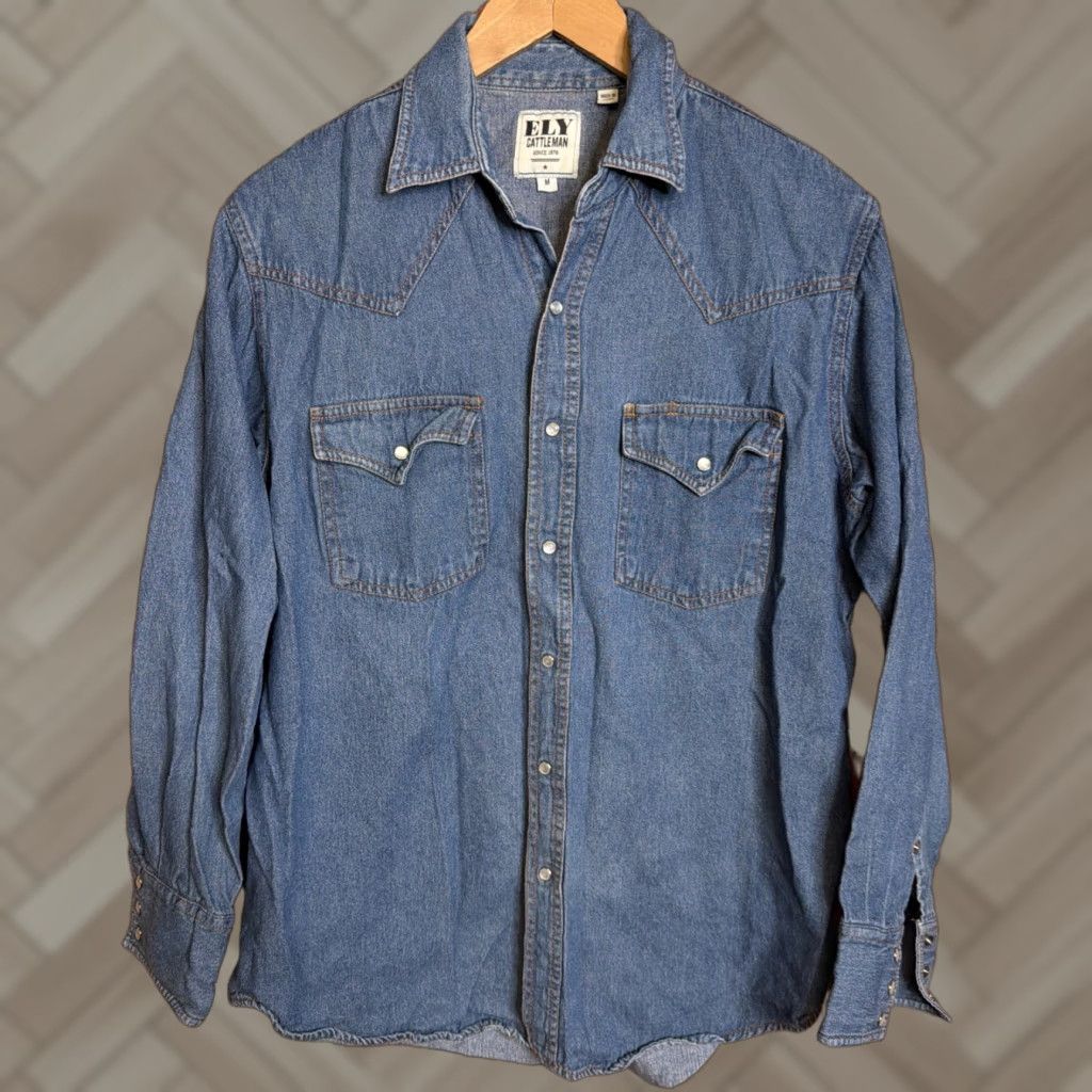 Vintage Ely Cattleman Shirt Men M Denim Pearl Snap Flap Pocket Workwear Western Blue Size US M / EU 48-50 / 2 - 1 Thumbnail