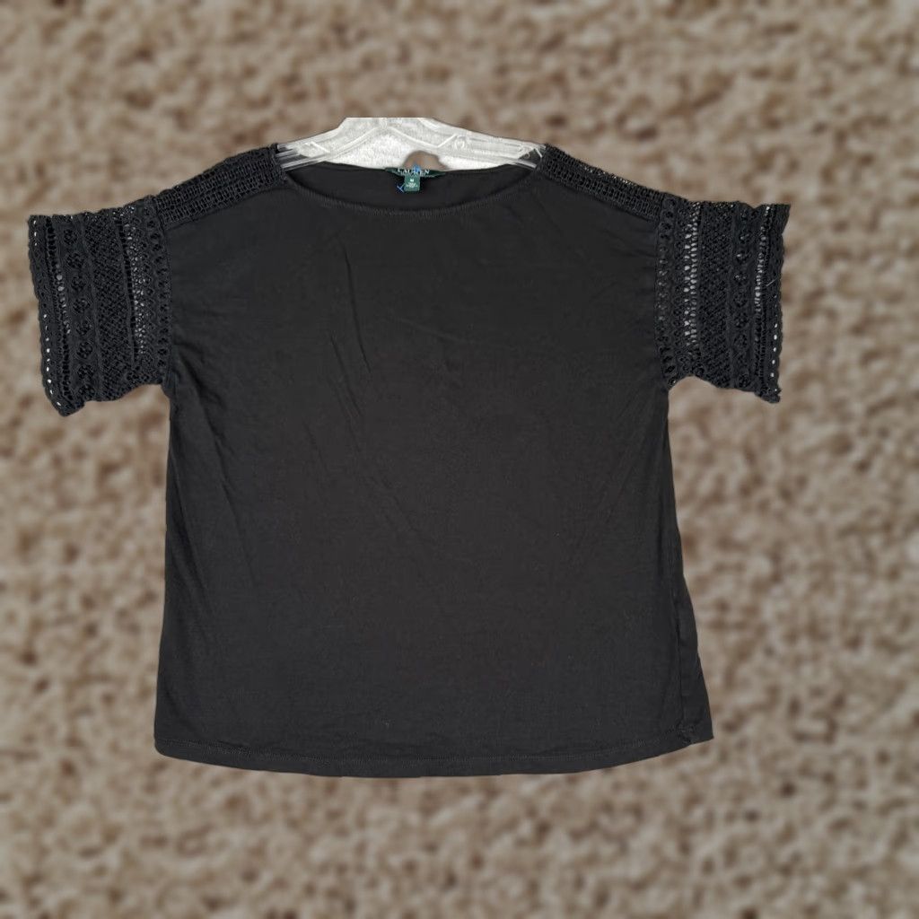 Ralph Lauren Lauren Ralph Lauren Shirt Women Medium Black Cotton Round Neck Lace Short Sleeve Basic Stretch Solid Size M / US 6-8 / IT 42-44 - 1 Thumbnail