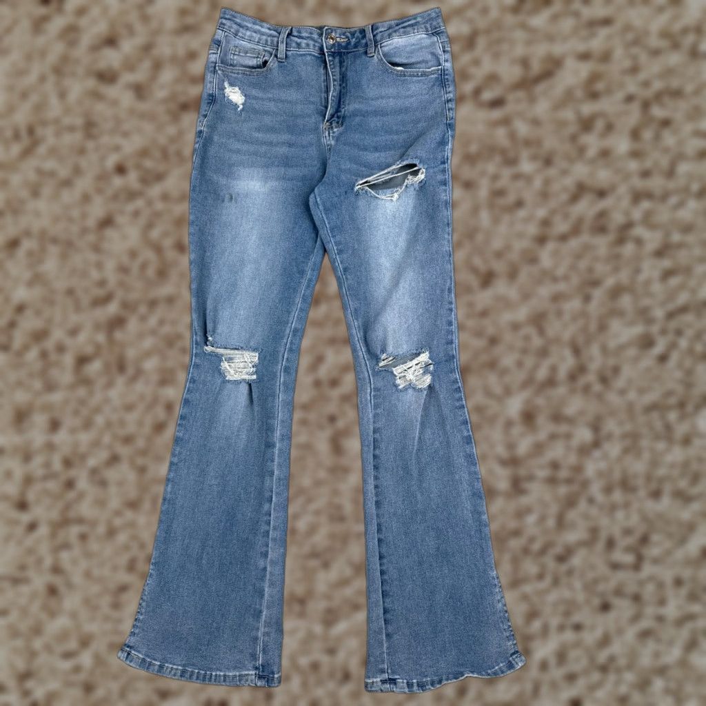 Shein SheIn Jeans Womens 8 Blue Denim Flared High Rise Distressed 28x30 Jeans Size 30" / US 8 / IT 44 - 1 Thumbnail