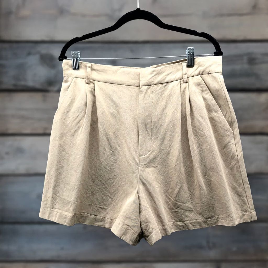 Zara Zara Pleated High Waisted Linen Blend Shorts Womens L Beige Relaxed Lightweight Size 24" / US 00 / IT 34 - 1 Thumbnail