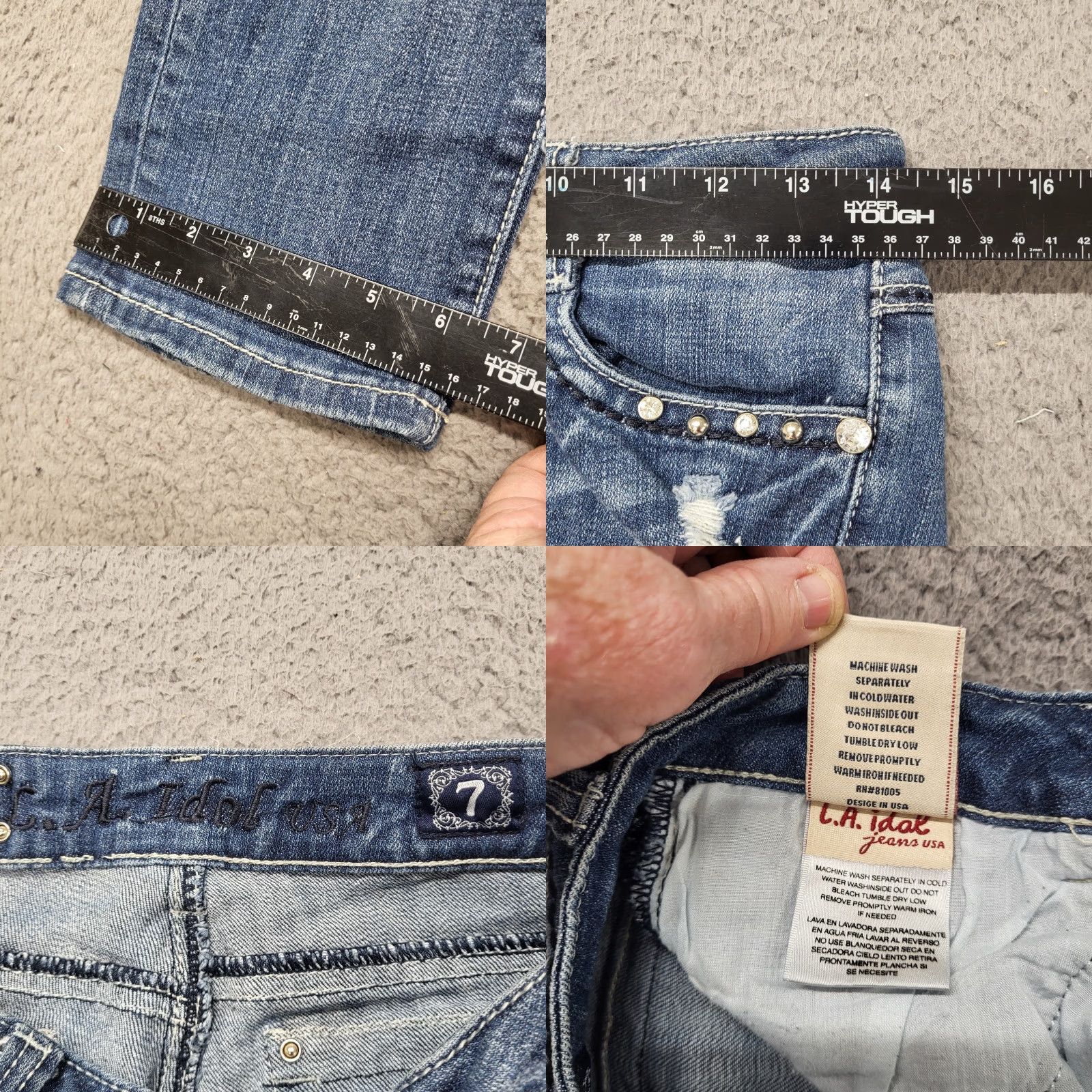 Vintage LA Idol USA Jeans Capris Womens Size 7 W28-L21 Rhinestone Pockets Embroider Blue Jean Capris Women Blue Jeans Size 28" / US 6 / IT 42 - 8 Thumbnail