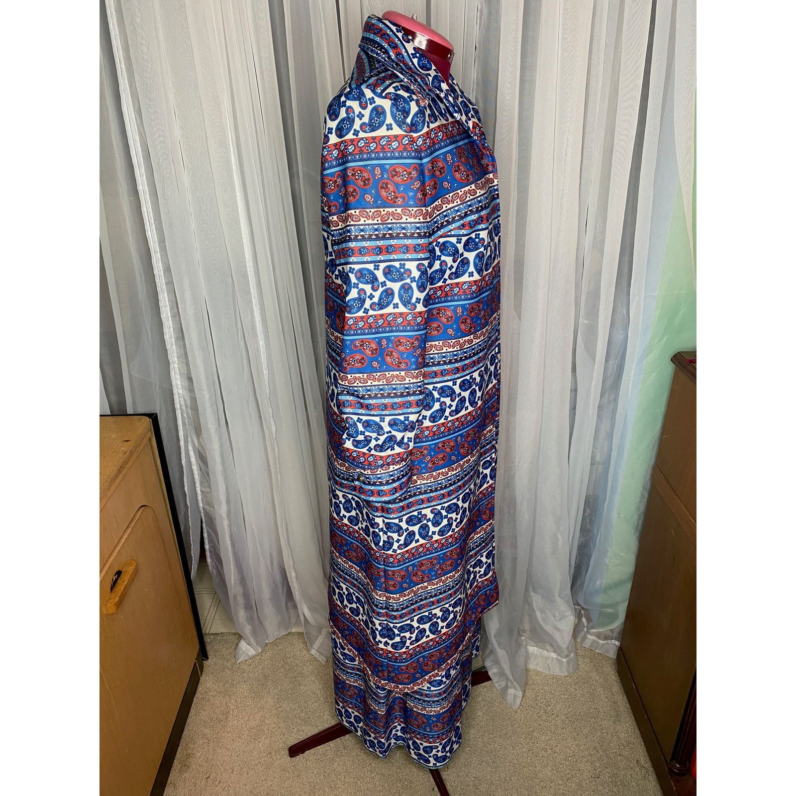 Vintage maxi dress with patterned yoke boho with coat white blue red Size XXL / US 16-18 / IT 52-54 - 14 Thumbnail
