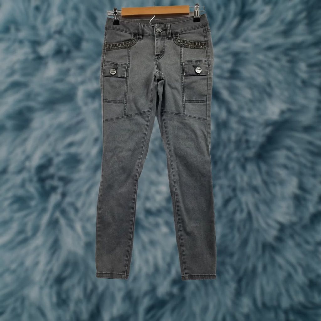 Vintage Caché Gray Denim Pants Size 0 Straight Leg Zip Details Women Cotton Polyester Spandex Mid Rise 23.5” Inseam Belt Loops Pockets Size 25" / US 0 / IT 36 - 1 Thumbnail