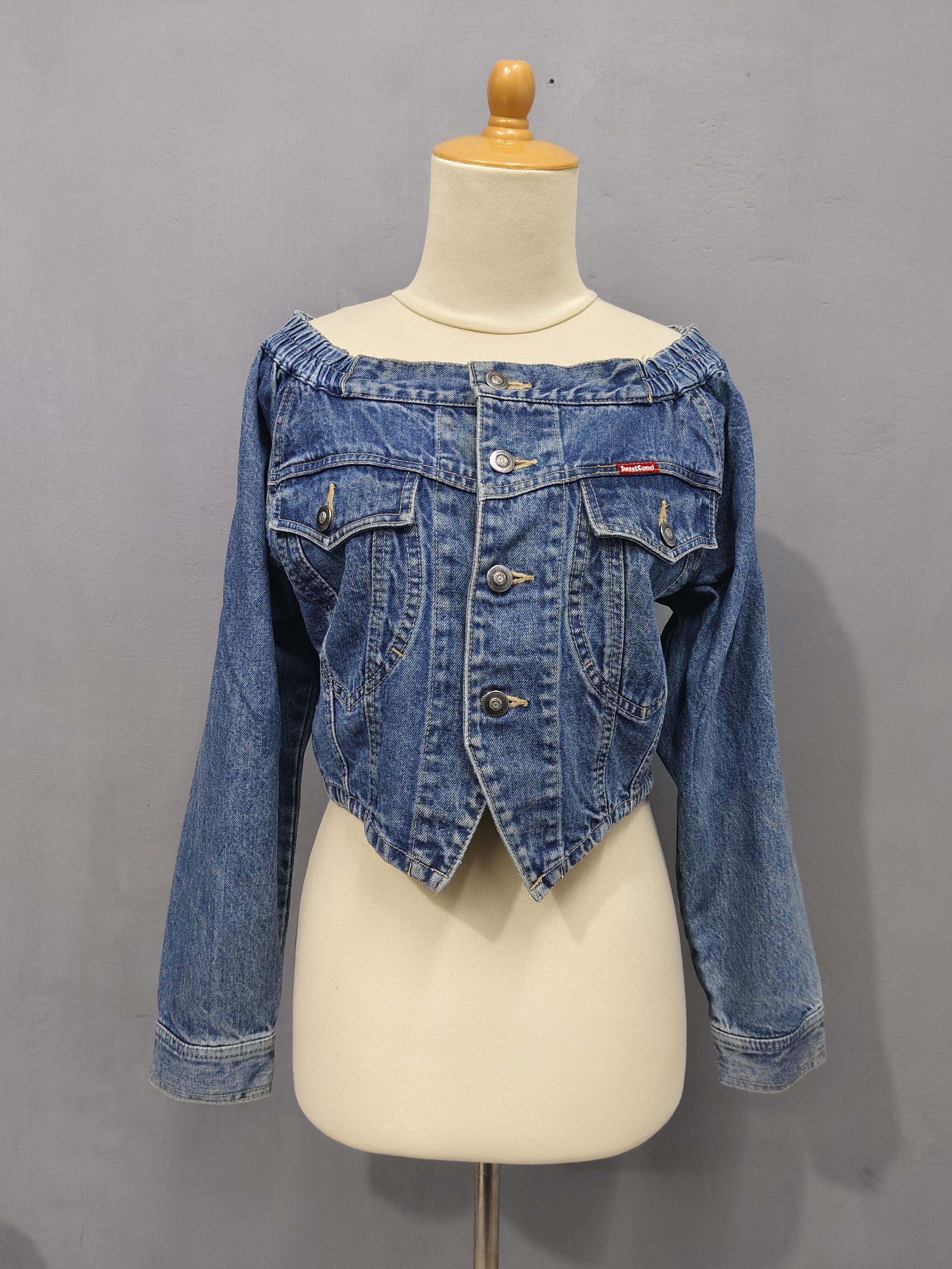 Japanese Brand 90s Sweat Camel- Off Shoulder Y2K Cropped Denim Jacket Size M / US 6-8 / IT 42-44 - 10 Thumbnail