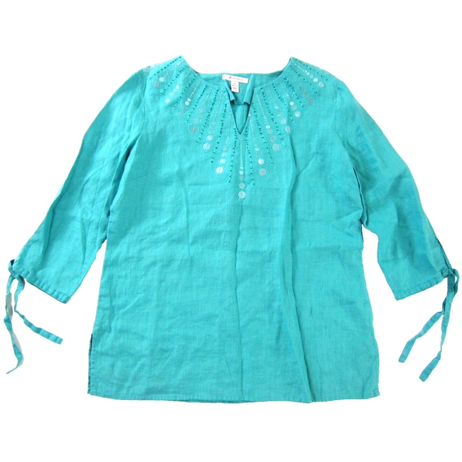 JM Collection JM Collection Beaded Teal Blue 100% Linen 3/4 Sleeve Tunic Blouse 10 Women Peasant Shirt Blouse Size L / US 10 / IT 46 - 2 Thumbnail
