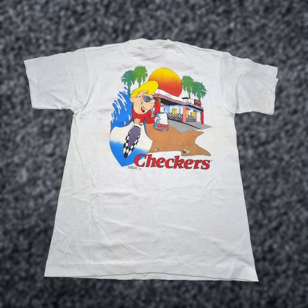 Vintage VINTAGE Screen Stars T-Shirt Mens L White 90s Retro Double-Sided Distress Checkers Fast Foot Promo Resturaunt Logo Graphic Print Shirt Men Size US L / EU 52-54 / 3 - 1 Thumbnail