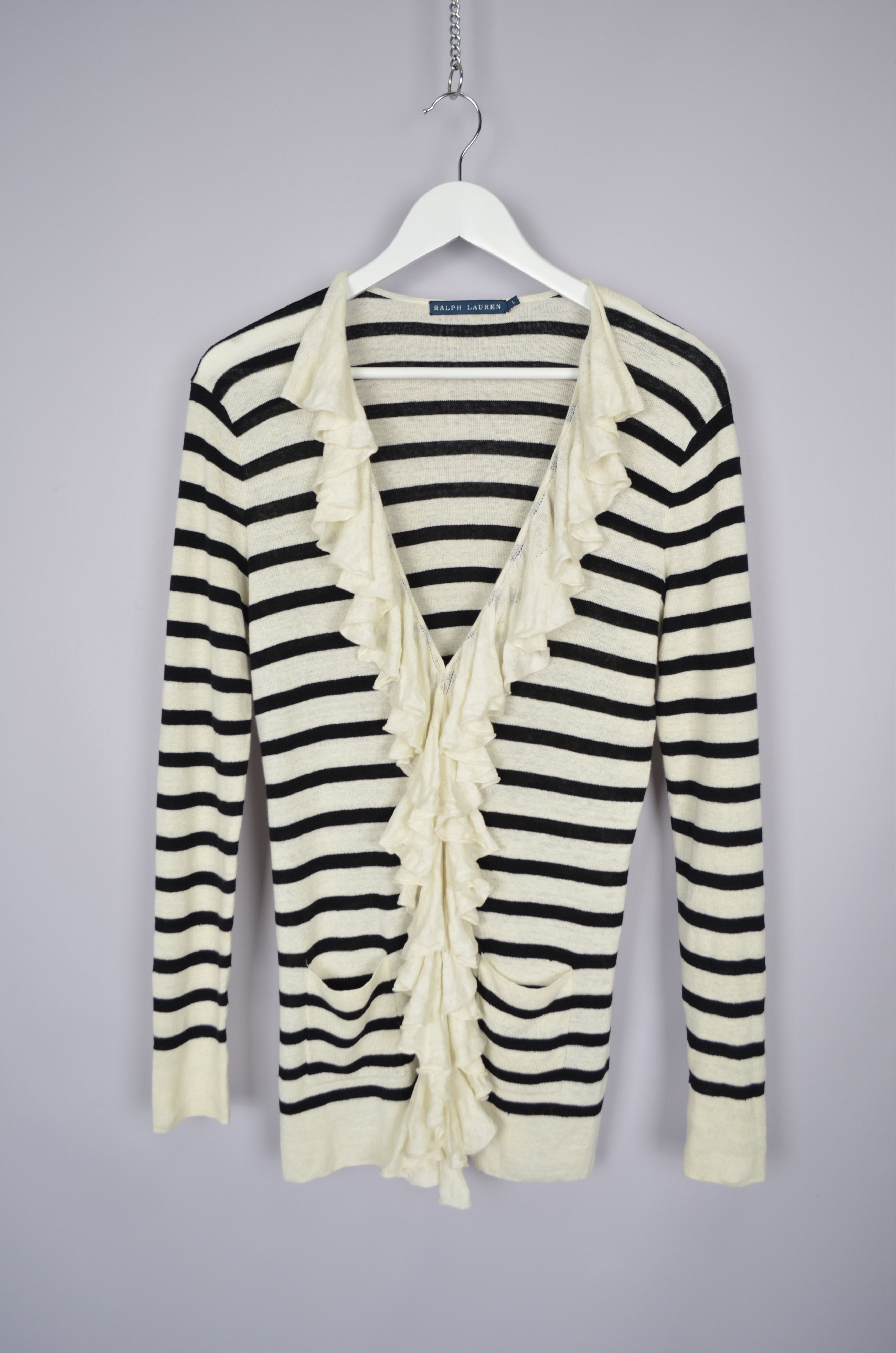 Ralph Lauren 100% Linen Knit Ribbed Trim Ruffled Cardigan