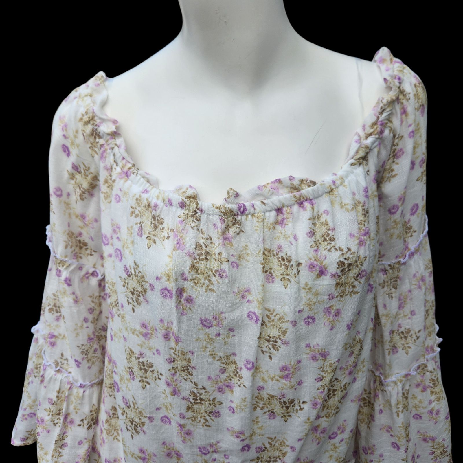 rue21 Rue21 Purple Ivory Floral Blouse Size Large Bell Sleeves Size L / US 10 / IT 46 - 6 Thumbnail