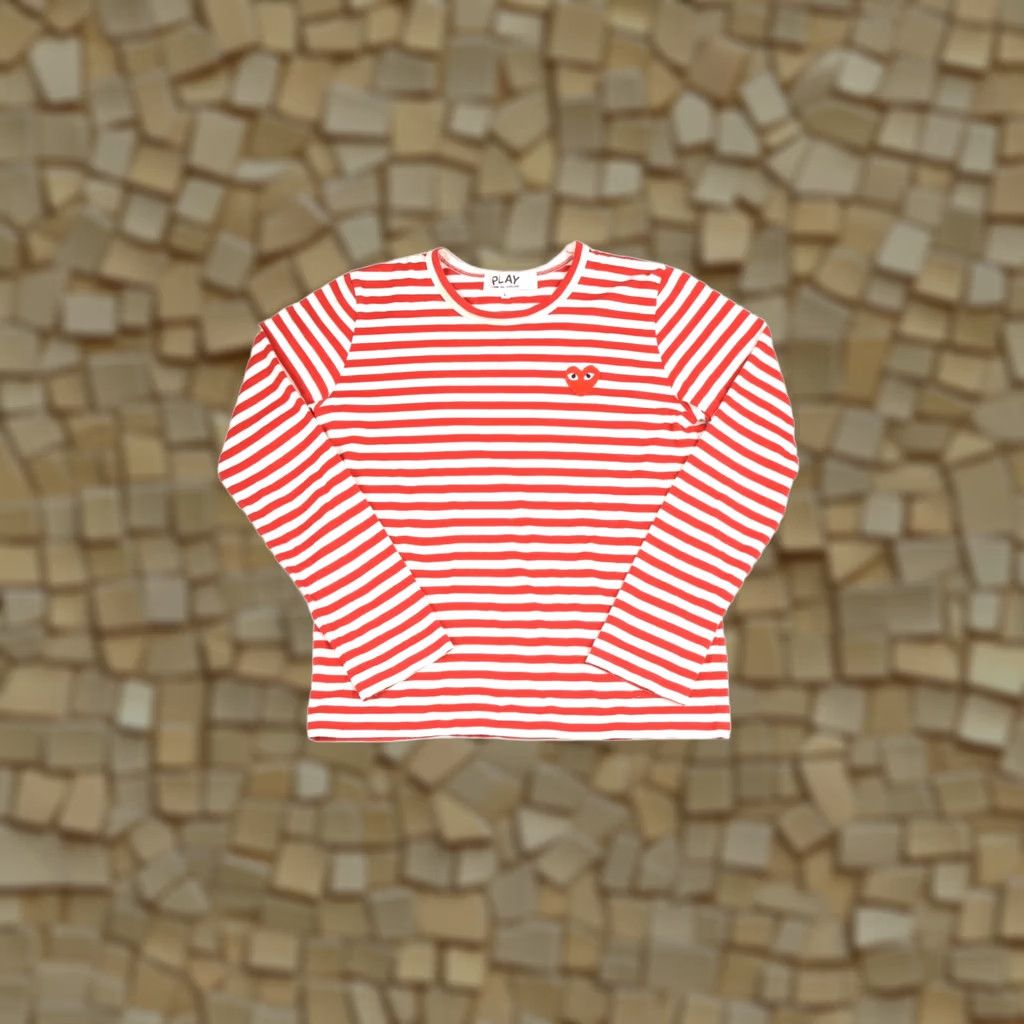 Comme des Garcons Girl Comme Des Garcons PLAY Red Heart Stripe Womens LS T-Shirt Red Size L, 100% cotton, AZ-T163, Used, Regular, US/JP style, XS-XXS not applicable Size L / US 10 / IT 46 - 1 Thumbnail