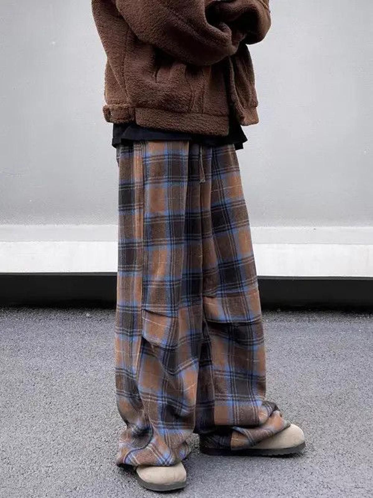 Vintage Brown Blue Plaid Baggy Casual Pants, Wide Leg Trousers Size US 30 / EU 46 - 2 Thumbnail