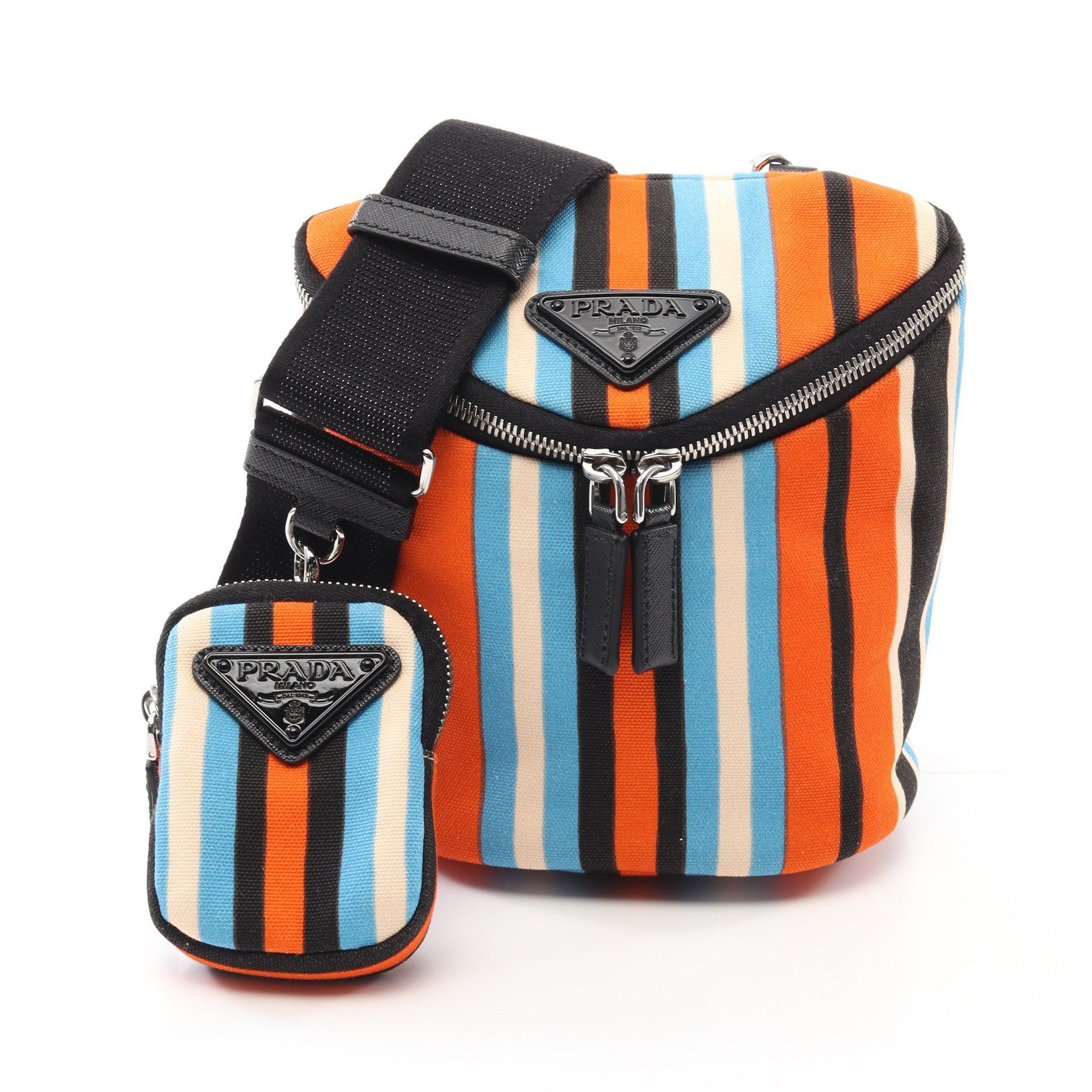 Prada Prada Shoulder Bag Stripe Canvas Saffiano Leather Orange Black Multicolor Size ONE SIZE - 1 Thumbnail