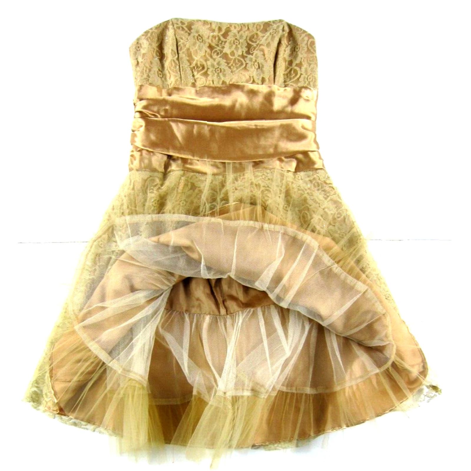 Vintage VTG 90's Y2K MASQUERADE Gown Prom Dress Strapless Gold Satin Glitter Lace 9/10 Women Vestina? Size M / US 6-8 / IT 42-44 - 6 Thumbnail