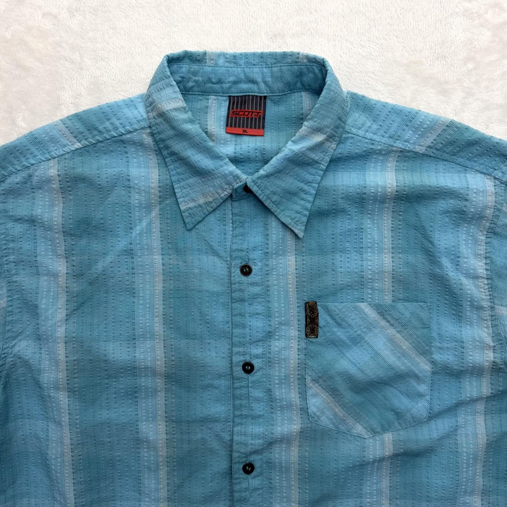 Vintage SCOTT Shirt Mens XL Blue Striped Textured Woven Casual Button Up Short Sleeve Size US XL / EU 56 / 4 - 2 Thumbnail