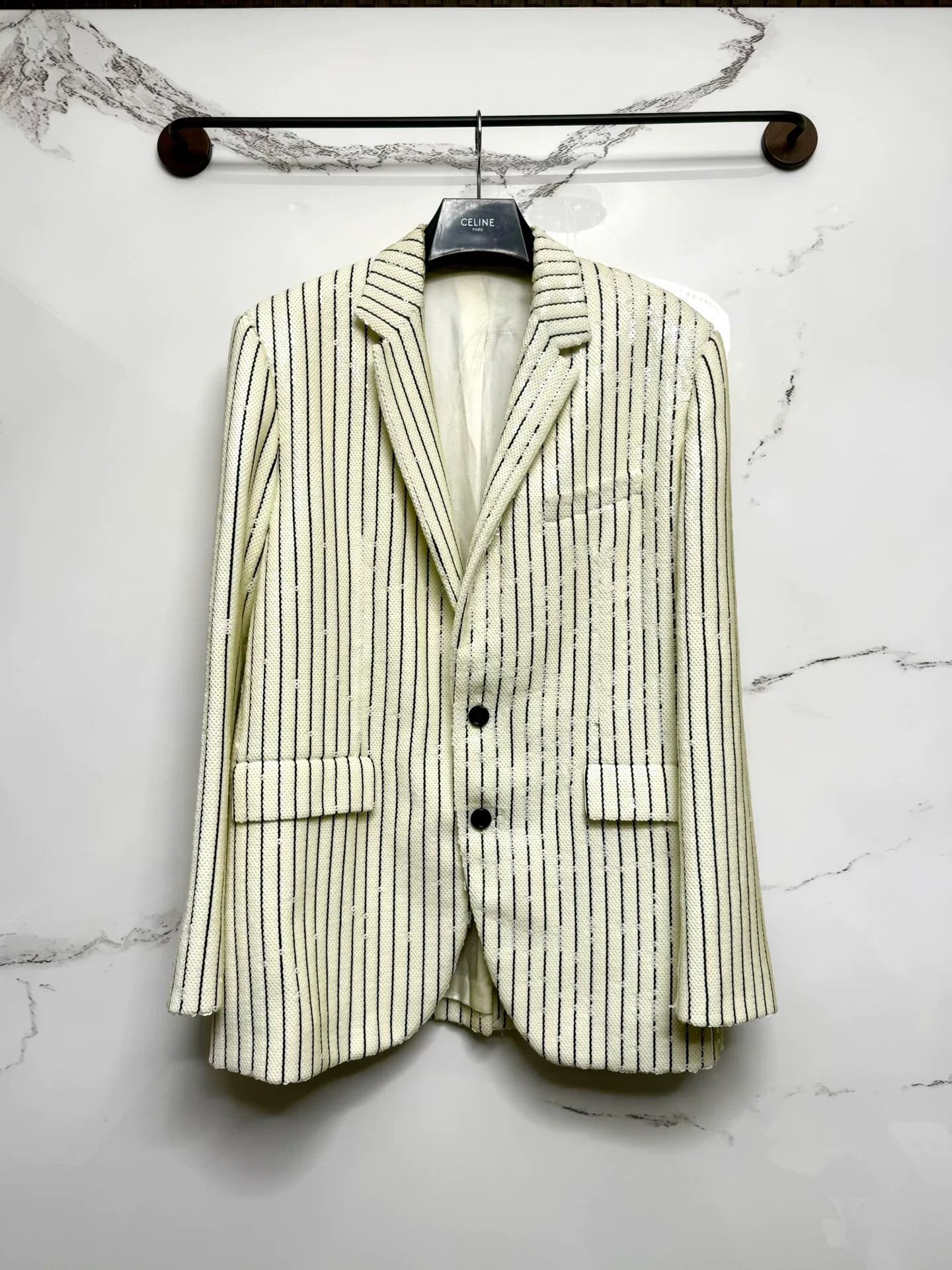 celine striped blazer in black and white