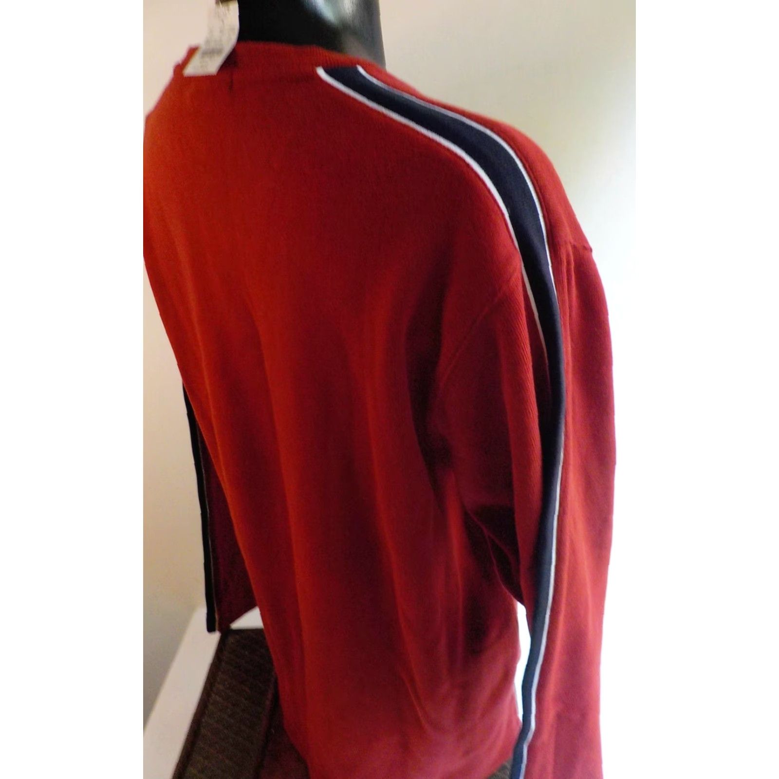 J.Crew J.CREW V-Neck Pullover Sweatshirt Maroon with Navy White Stripe Down Sleeves - SZ L NWT Mens Pullover Cotton Jersey Long Sleeve Knit Shirt Size US L / EU 52-54 / 3 - 3 Thumbnail
