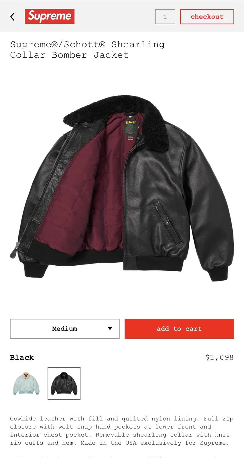 Schott × Supreme Supreme®/Schott® Shearling Collar Bomber Jacket Size US M / EU 48-50 / 2 - 2 Thumbnail