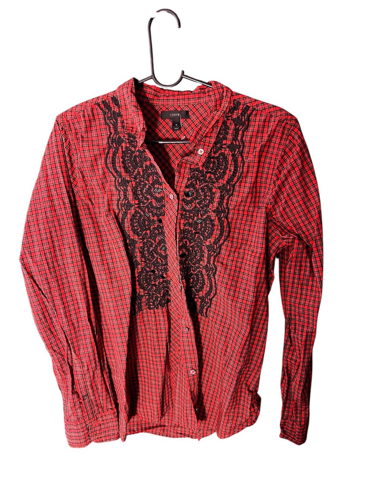 J.Crew : J.Crew Red Plaid Button-Down Shirt with Black Lace Detail Size L / US 10 / IT 46 - 1 Thumbnail