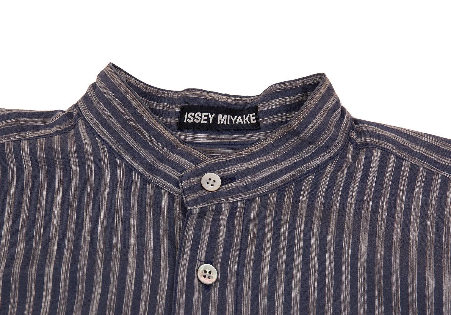 Issey Miyake Cotton Stripe Mao Collar Shirt in Navy Gray, Size L Size US L / EU 52-54 / 3 - 3 Thumbnail