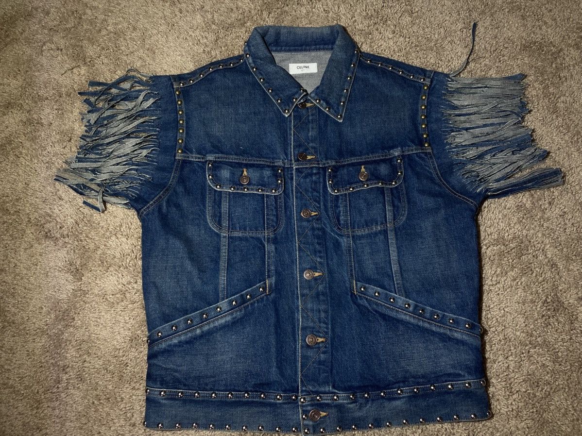 Celine × Hedi Slimane New SS23 Celine Cut Off Denim Jacket Studded Tassel Fringe Size US L / EU 52-54 / 3 - 1 Thumbnail