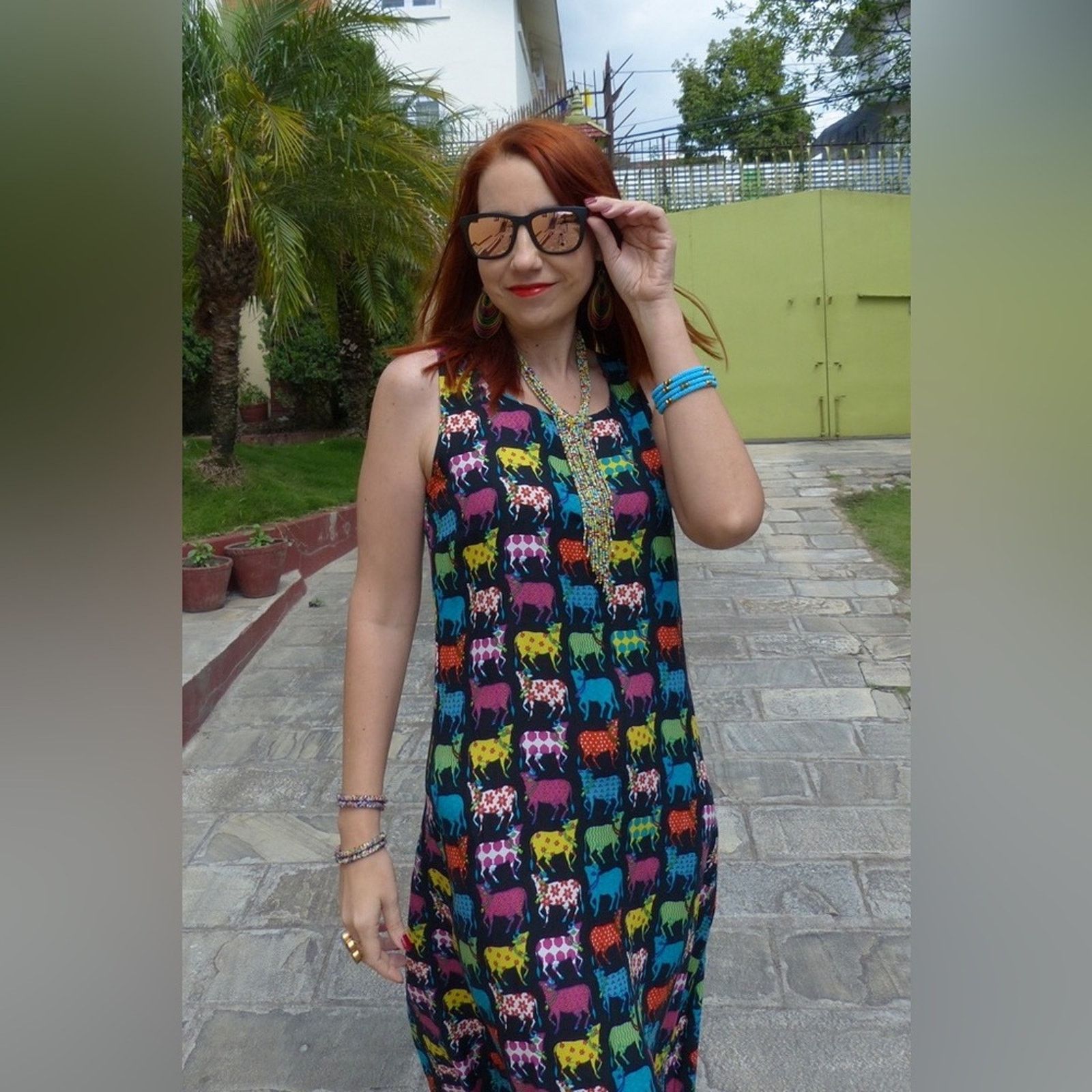 Handmade Colorful Animal Print Midi Dress Sleeveless Boho Viscose 10 Size M / US 6-8 / IT 42-44 - 3 Thumbnail