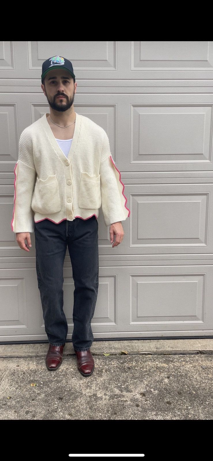 image of 1 Of 1 Hand Knit Cropped Crotchet Cardigan Shirt Boxy Bowling in Beige, Men's (Size Large)