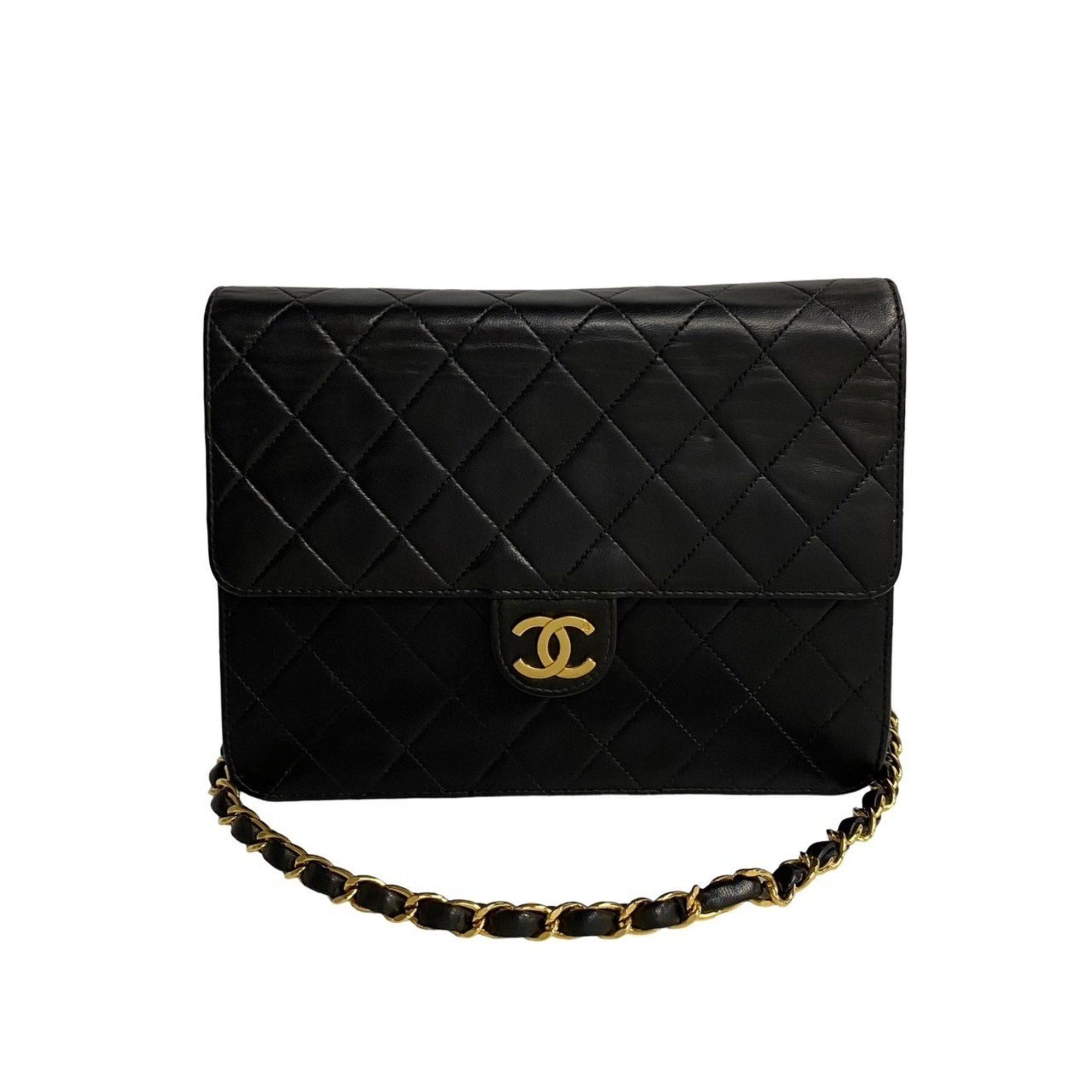 image of Chanel Matelasse Lambskin Leather Chain Shoulder Bag Pochette Black 77785, Women's
