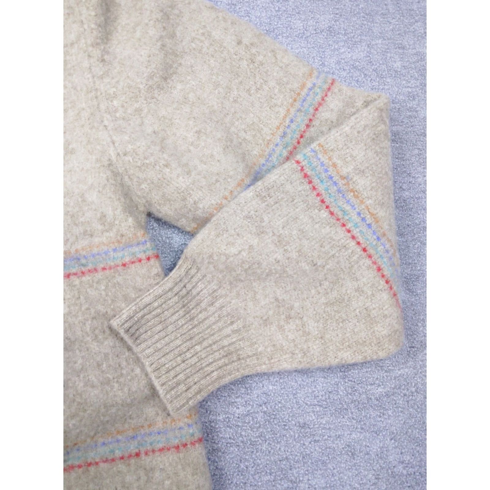 Vintage Damon Womens M Beige Stripe 100% Merino Wool Pullover 3/4 Sleeve V-Neck Sweater Size M / US 6-8 / IT 42-44 - 2 Thumbnail