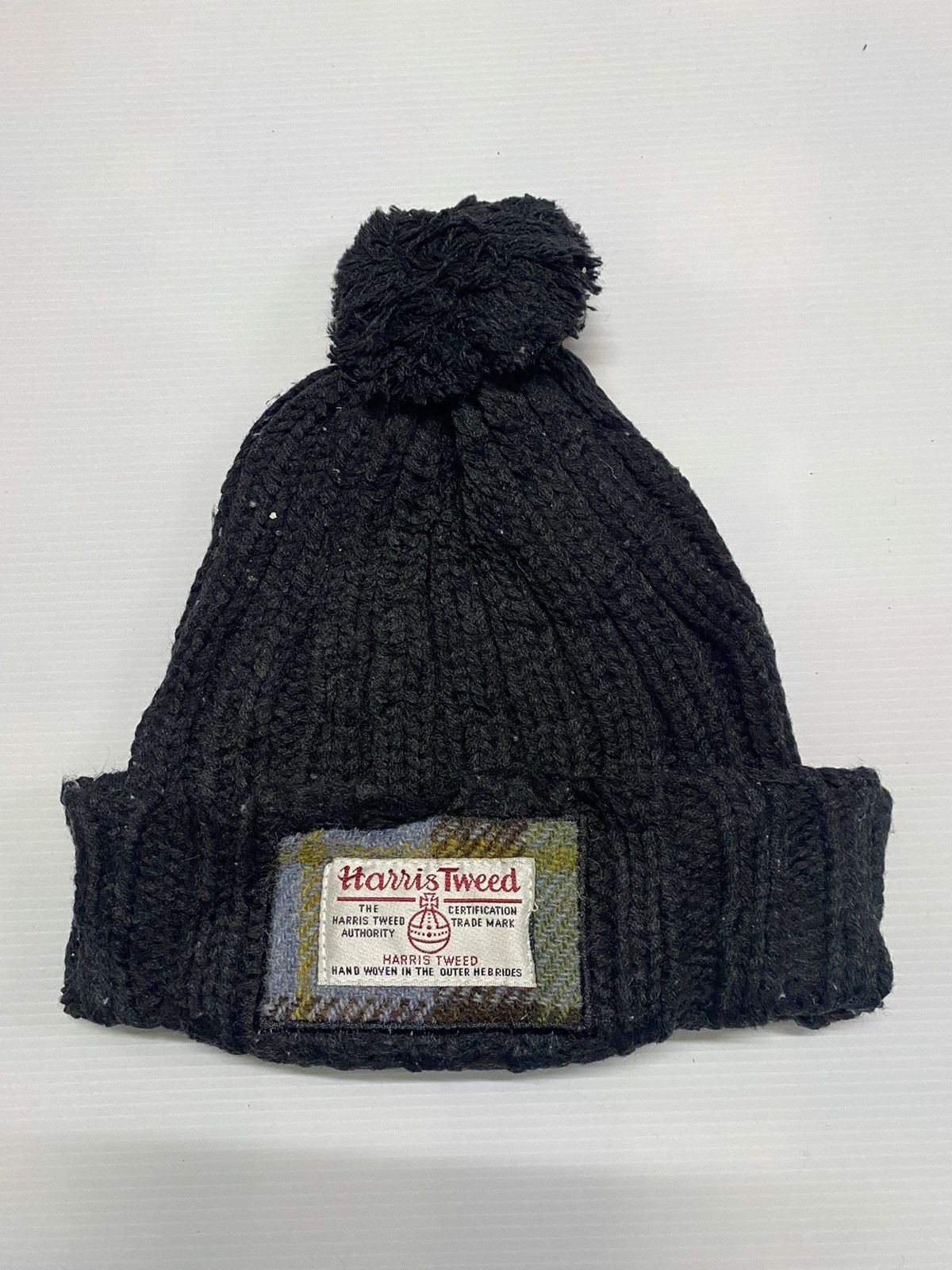Harris Tweed Small Patches Pom Pom Knitted Beanie Hat
