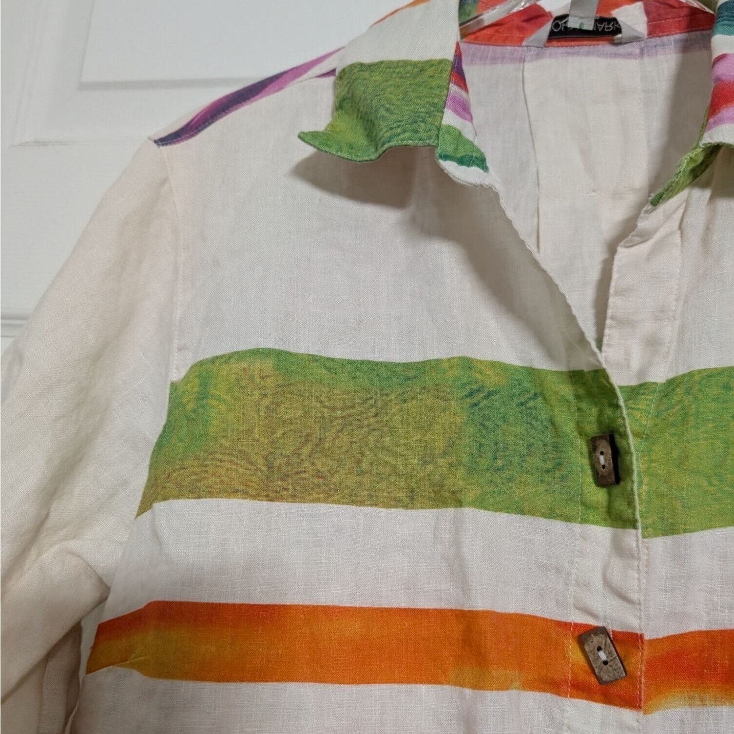 Designer John Mark 100% Linen Stripe Shirt Womens Size 0X White Color Size L / US 10 / IT 46 - 2 Thumbnail