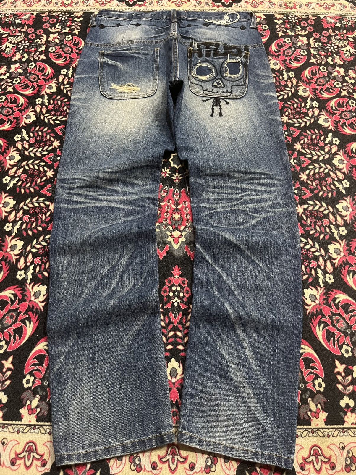 Hysteric Glamour Vintage Lolita “Doodles Skull” Distressed Blue Washed Jeans Size US 32 / EU 48 - 2 Thumbnail