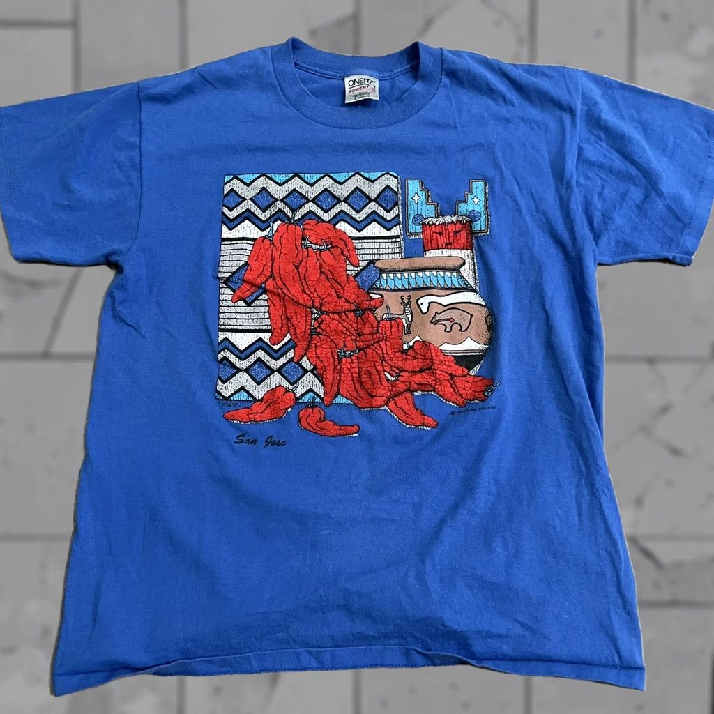 Vintage VINTAGE San Jose single stitch Oneita cotton blend blue graphic Tee 1994 Mens Size L Mens Shirt Blue Graphic Tee Size US L / EU 52-54 / 3 - 1 Thumbnail