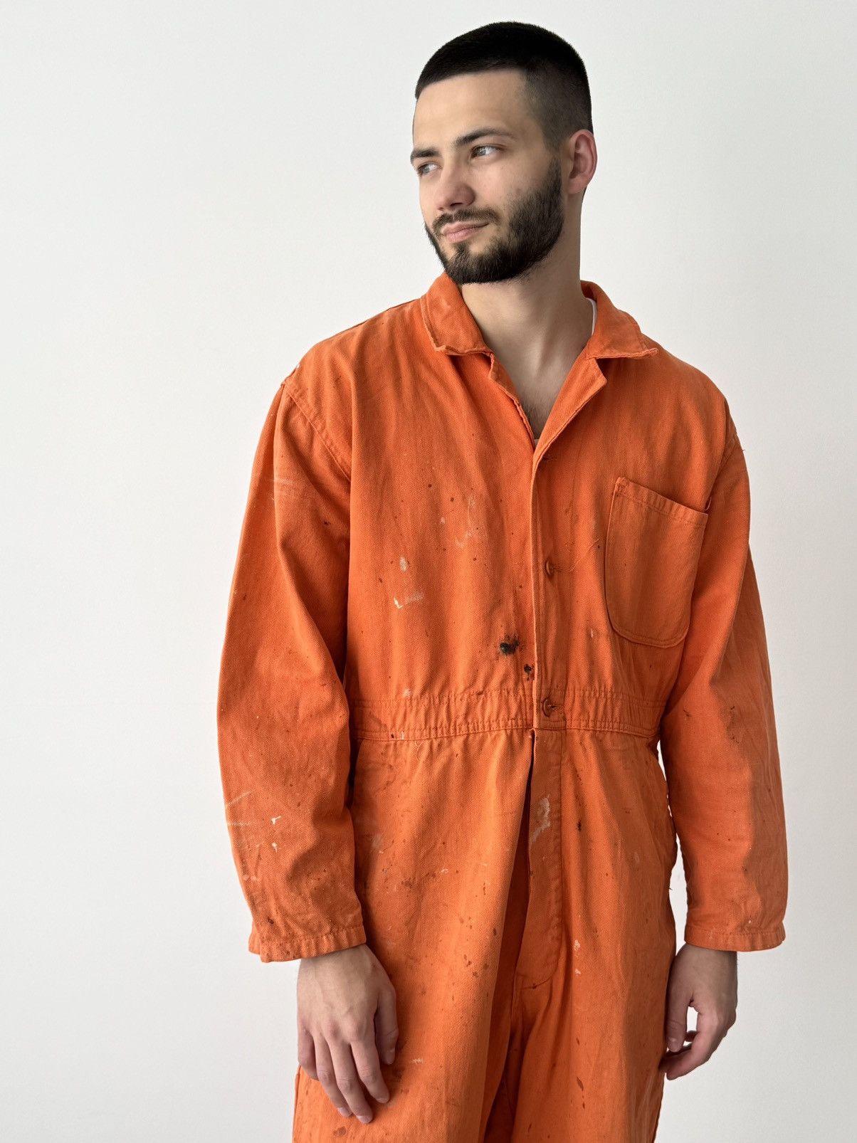 Le Laboureur 1960s British Work ‘Harpoon’ Sanfor Faded Painted Coveralls Size US 34 / EU 50 - 1 Thumbnail