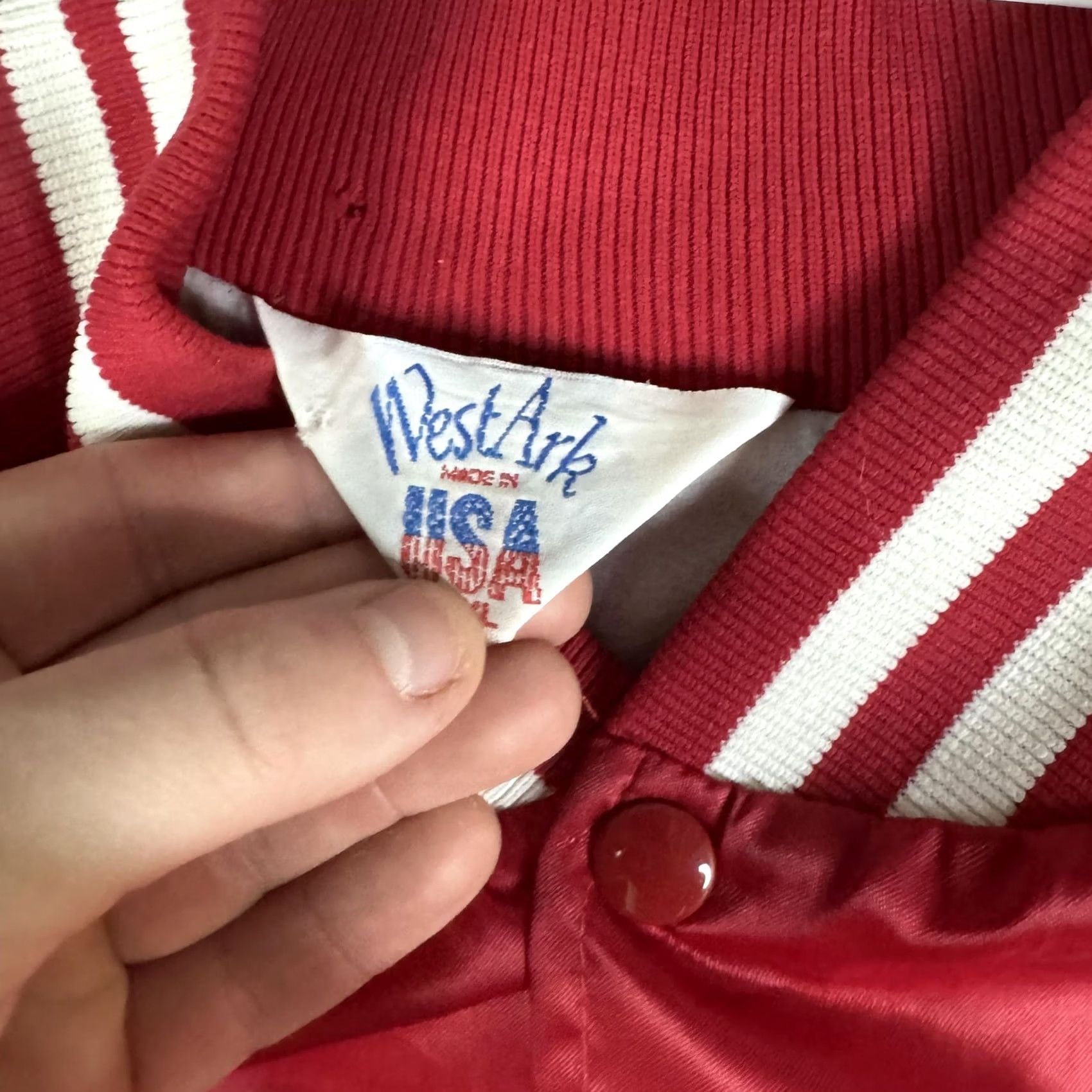 Logo 7 VINTAGE WestArk Jacket Mens XL Red Satin Varsity Snap Logo Shimadzu USA Embroidered Back Patch Button Lined Pockets Casual Workwear Sports Size US XL / EU 56 / 4 - 6 Thumbnail