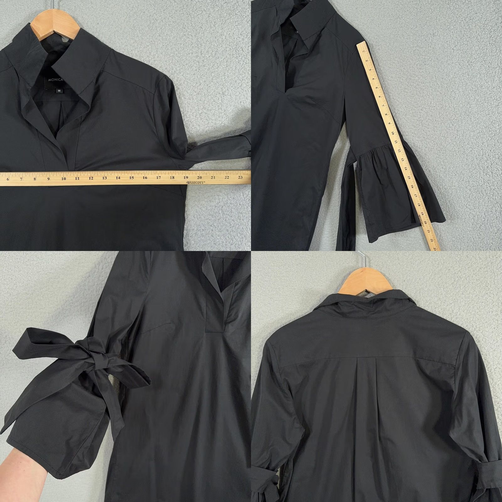 Bell VINTAGE Monica Nera Shirt Dress Medium Black Bow Tie Bell Sleeve Casual Mini Poland Size M / US 6-8 / IT 42-44 - 8 Thumbnail