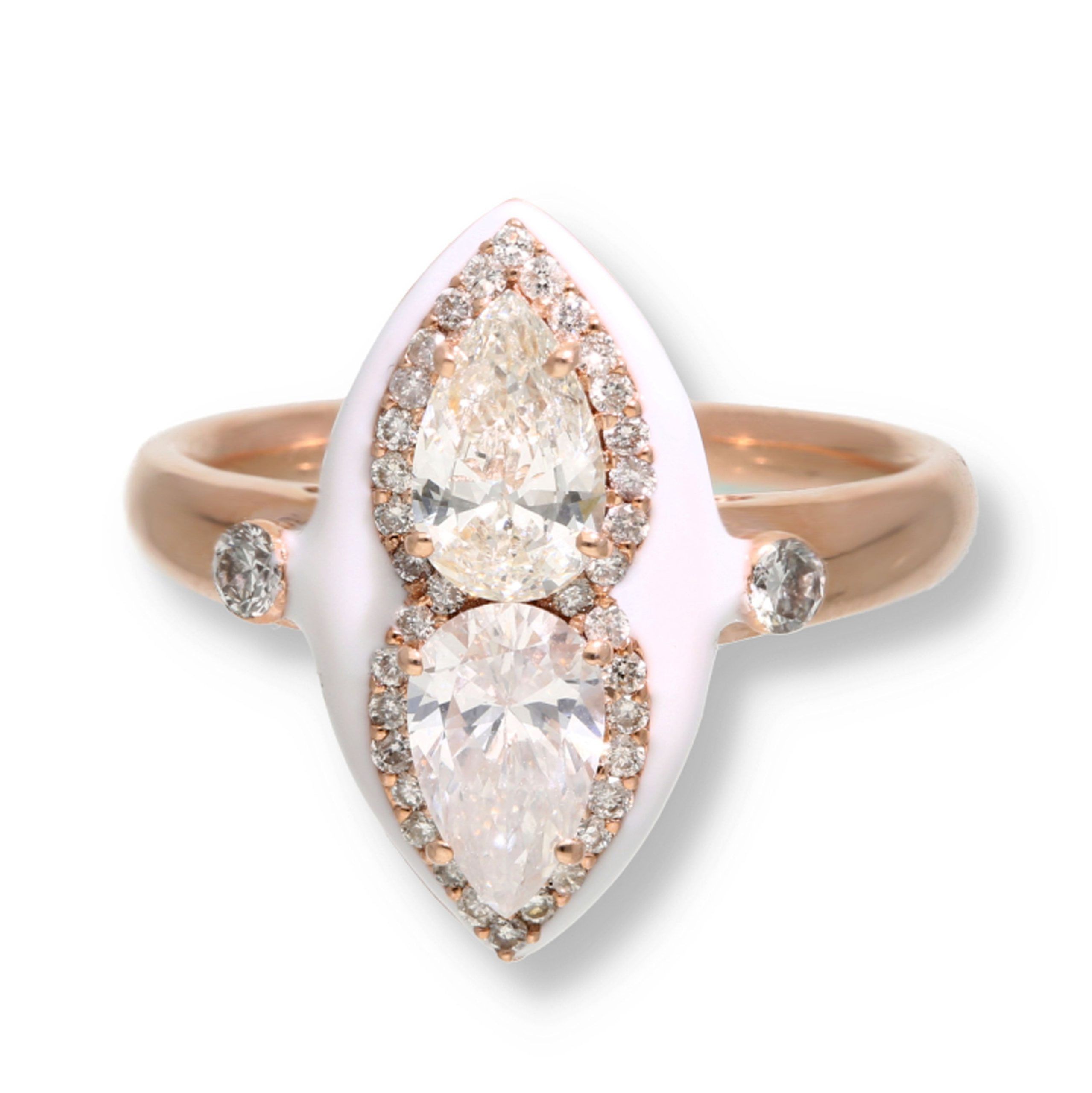 image of Tiffany Co Pear Shaped & Round Diamond Ring White Enamel Ring In 14K Rose Gold 1.43 Ctw, Women's