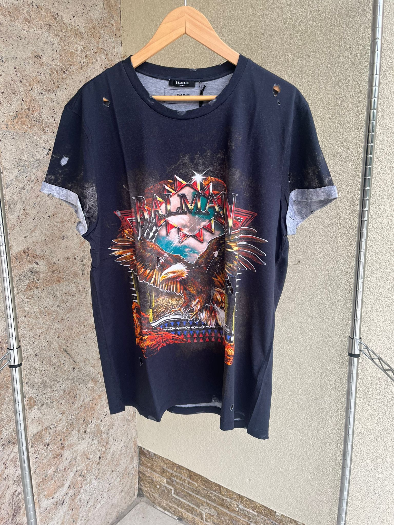 Eagle & Balmain Logo Print Distressed T-Shirt in Multicolor
