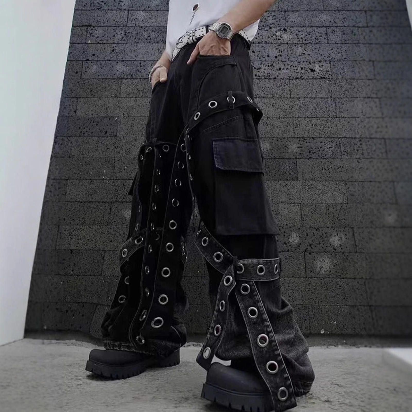 Japanese Brand Black Harness Cargo Pants - Multi-Strap Gothic Denim Size US 32 / EU 48 - 1 Thumbnail