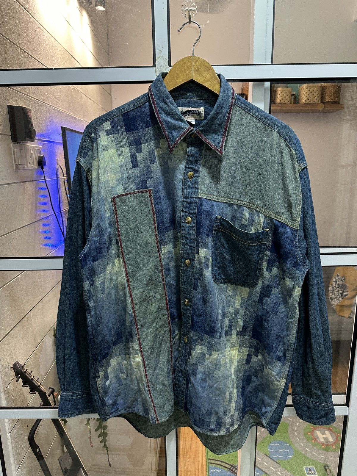 Japanese Brand Sentimental Boy Japan Patchwork Distressed Style Button Up Size US L / EU 52-54 / 3 - 1 Thumbnail
