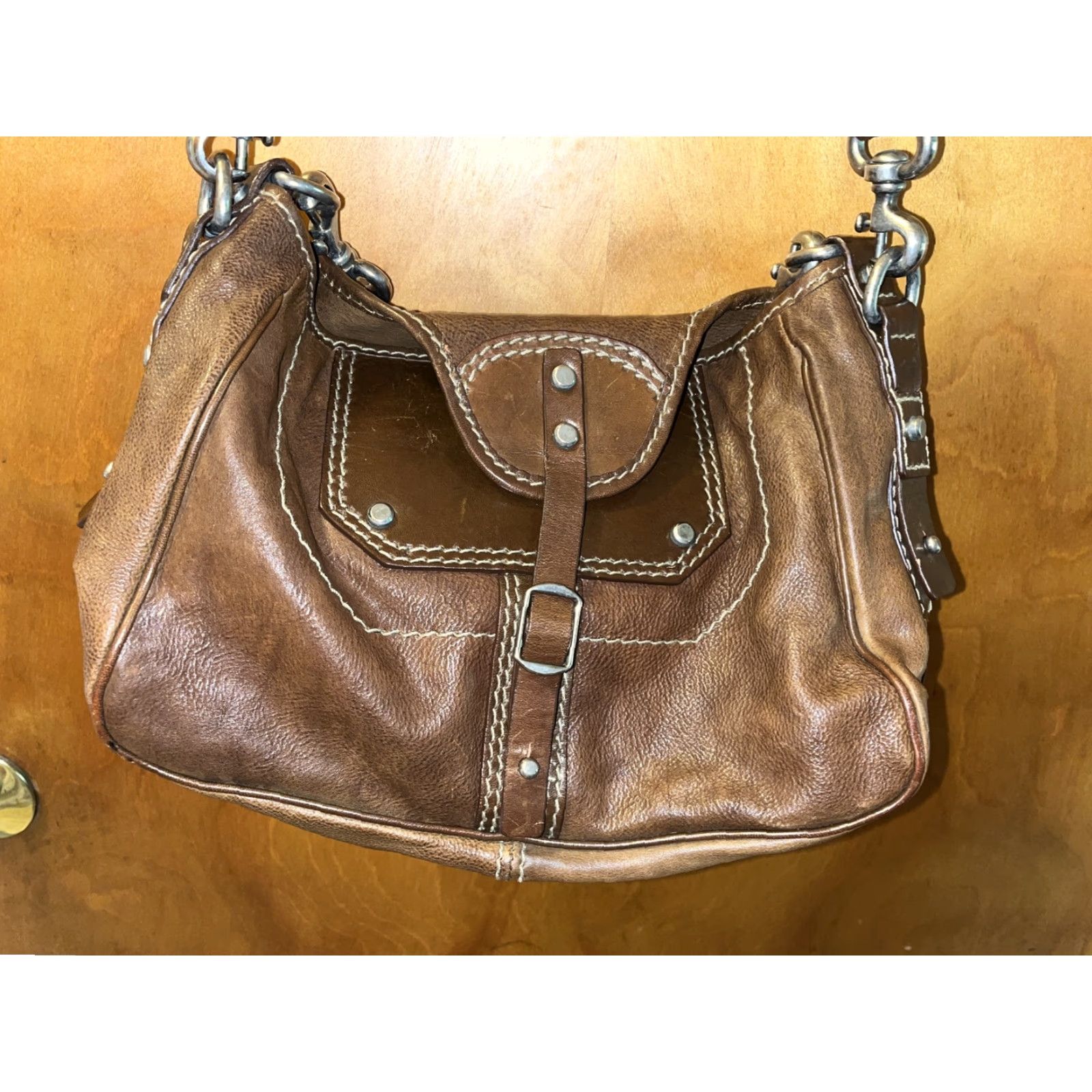 Vintage GRYSON Brown Leather Satchel Purse Suede Interior Size ONE SIZE - 3 Thumbnail