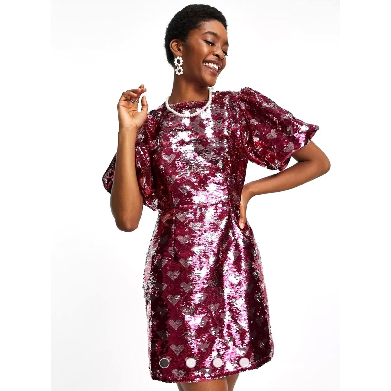 Vintage Sister Jane Nebula Mini Dress All Over Pink Sequin Hearts Women's XS NWT Size XS / US 0-2 / IT 36-38 - 2 Thumbnail