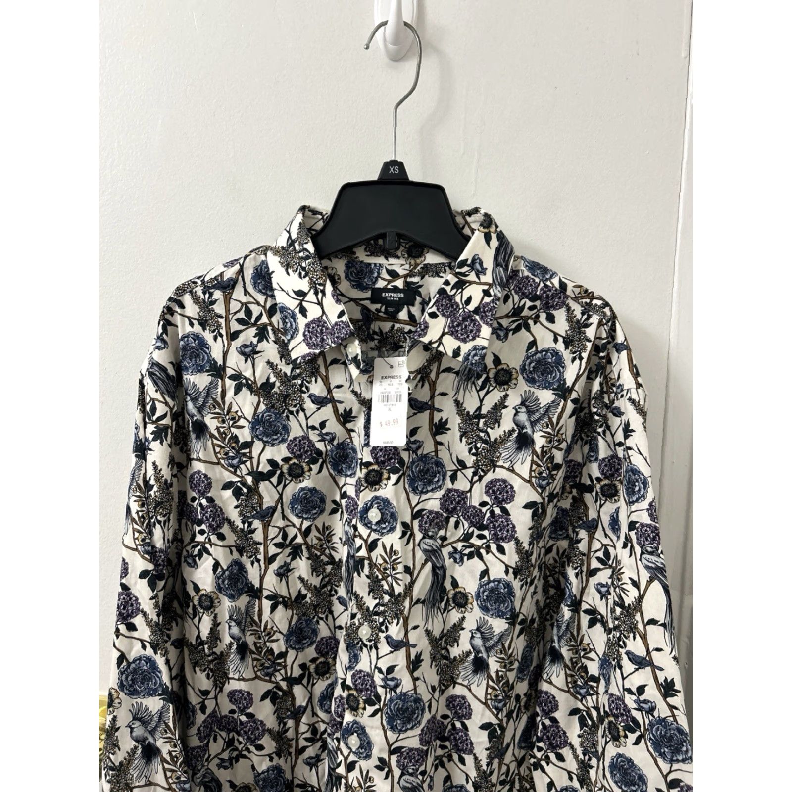 Express Express Shirt Mens XL White Slim Fit Floral Botanical Bird Print Button Down L/S Shirt Size US XL / EU 56 / 4 - 2 Thumbnail