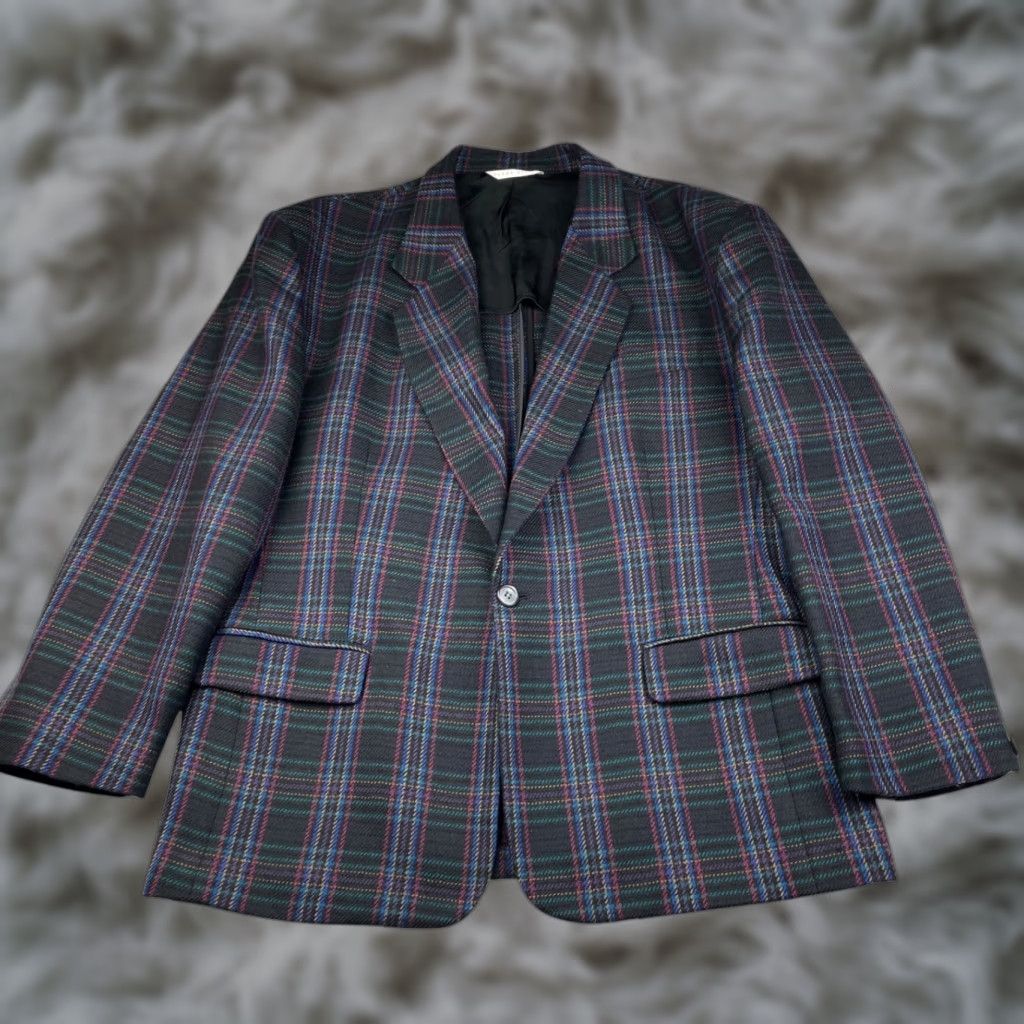 Perry Ellis VTG Perry Ellis Men's 100% Wool Knit Blazer Black Colorful Plaid 44R One-Button Notch Lapel Jacket/Coat Size 44R - 1 Thumbnail