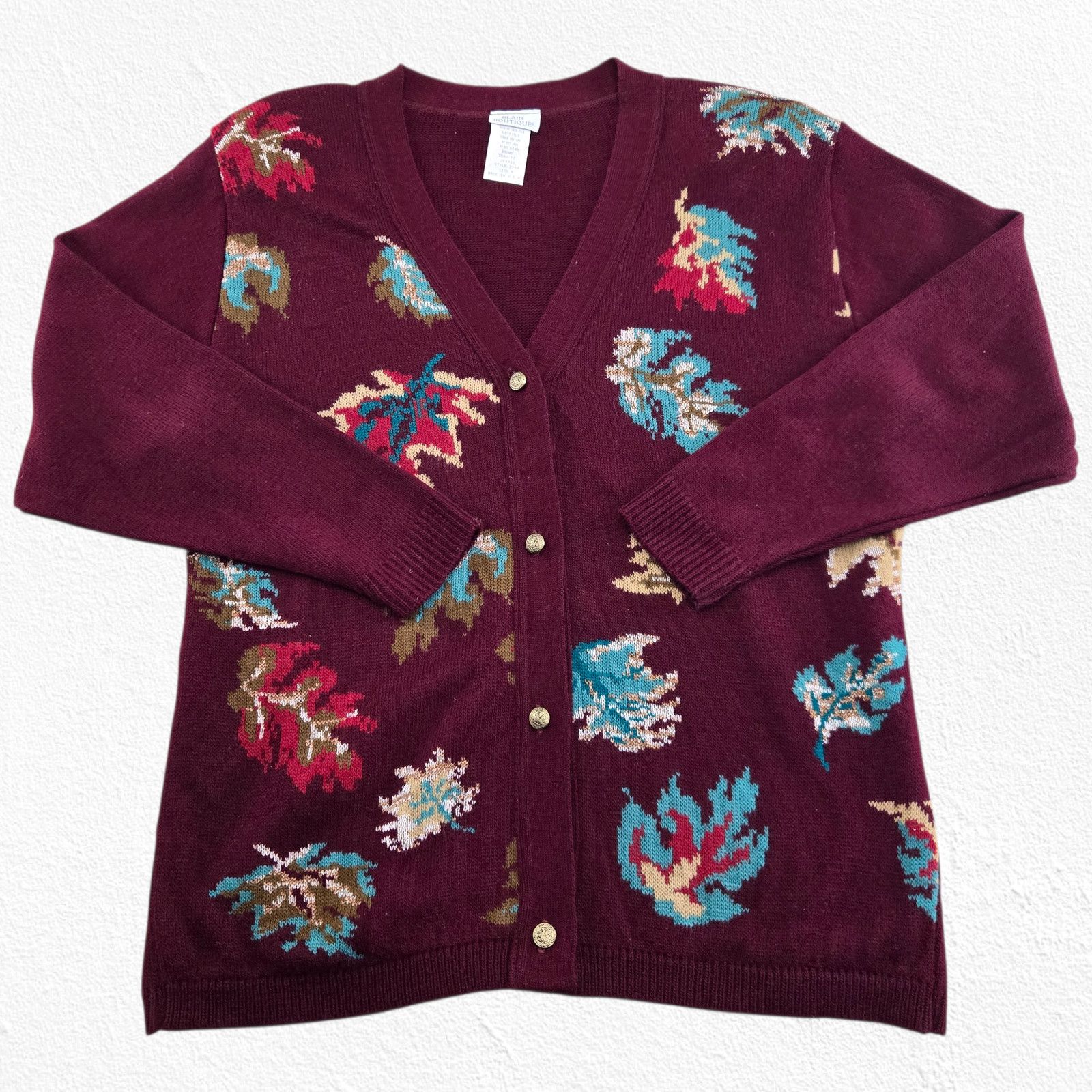 Vintage 90s Burgundy Leaf Print Cardigan USA Made Size Medium Size M / US 6-8 / IT 42-44 - 2 Thumbnail