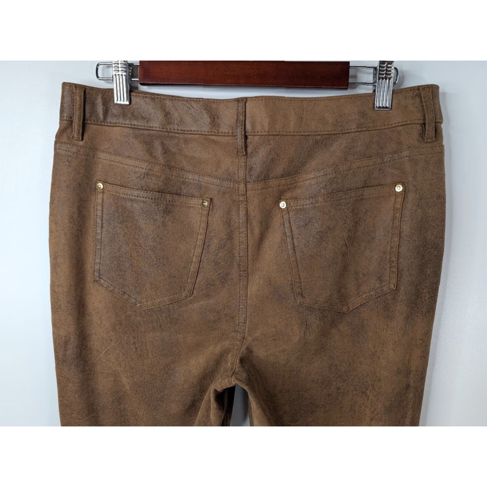 Vintage Chico's Faux-Suede Knit Pants Womens M Brown Slim Skinny Mid Rise Pants Womens Slim M Brown Knit Suede-Style Hook: Button Front Flat Front Pockets Size 32" / US 10 / IT 46 - 4 Thumbnail