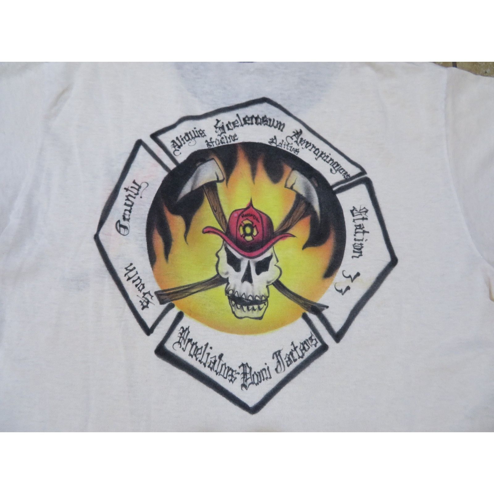Other Firefighter Airbrushed Art T-shirt, White Ringer Sz M 1980s Size US M / EU 48-50 / 2 - 2 Thumbnail